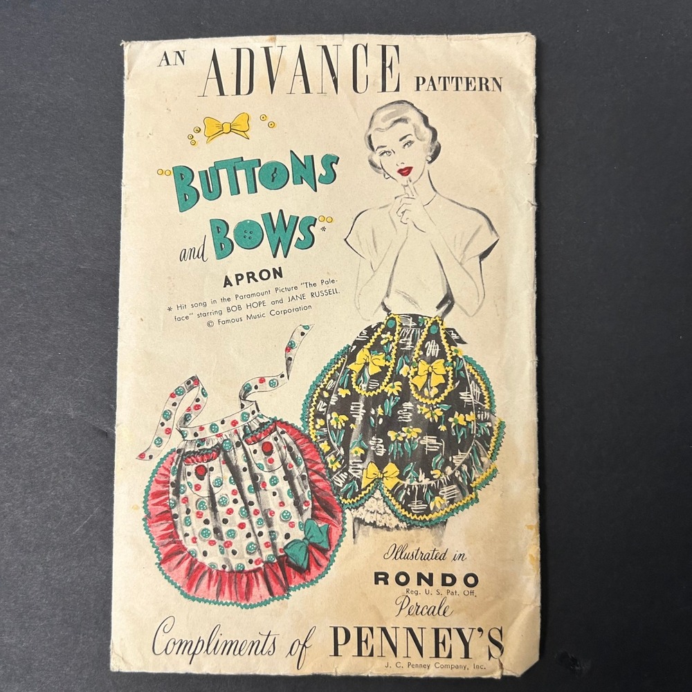 Vintage 40's-50's Advance Sewing Pattern Apron Women Buttons and Bows Penneys
